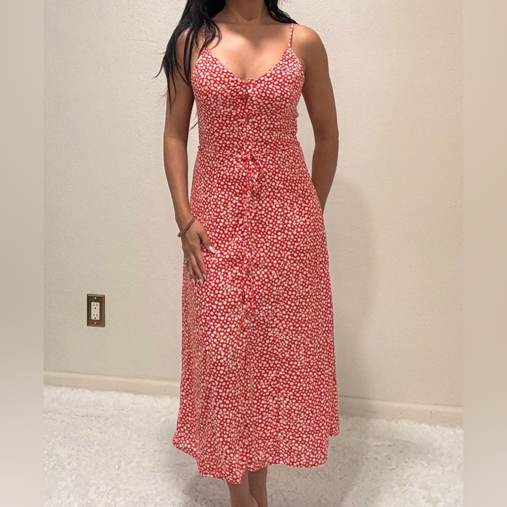 NWT Button down, flower print red dress, Vacation Dress